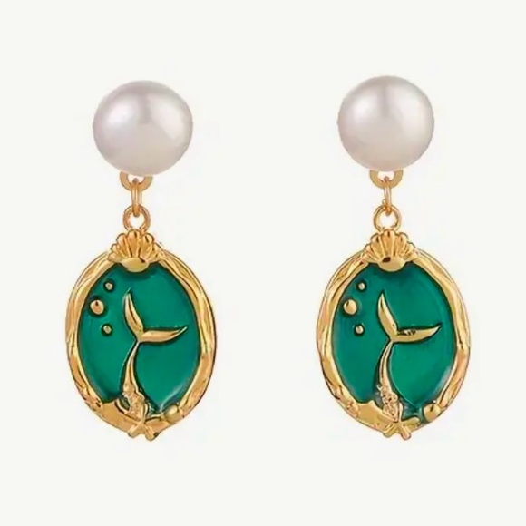 “Mermaid Profile & Tail” Pearl Cameo Silhouette Bubble Starfish Two-Way Earrings - Picture 9 of 10